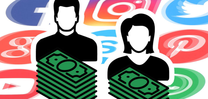 Piktogramme Mann und Frau, Stapel mit Geldscheinen, Social Media Logos