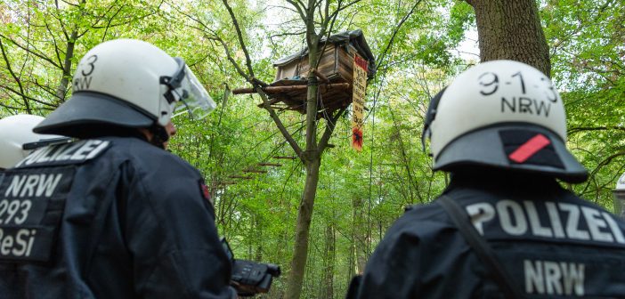 Zwei Polizisten stehen vor einem Baumhaus im Hambacher Forst. Die Polizei und der Energiekonzern RWE haben begonnen den Hambacher Forst zu räumen. (zu dpa Jahreswechsel NOrdrhein-Westfalen) (Foto: Christophe Gateau/dpa)